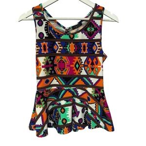 Y2K Peplum Going Out  Geometric Patterned Cut Out Back Top Medium DEB